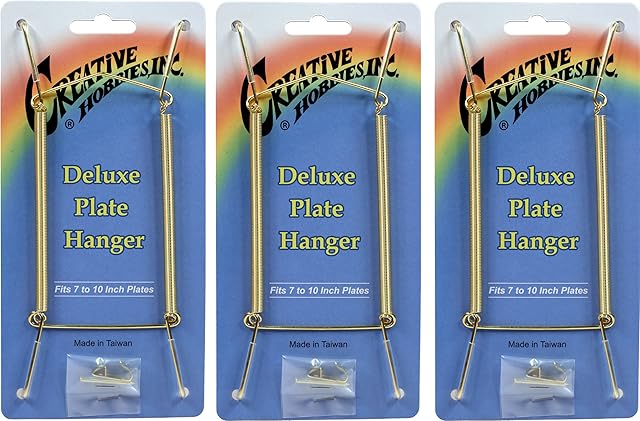Creative Hobbies® Deluxe Plate Display Hangers, Spring Style - Assembled & Ready to Use - Holds 7 to 10 Inch Plates, Gold Wire Spring Type, Hanger Hooks & Nails Included - Pack of 3