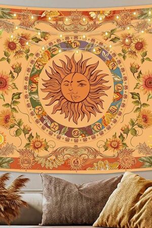 Accnicc Yellow Sun and Moon Tapestry Vintage Indie Boho Tapestry Wall Hanging with Sunflowers Butterfly Moth Constellation Aesthetic Wall Tapestries for Bedroom Dorm Living Room (Orange, 48'' × 36'')