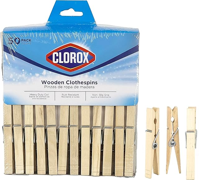 Clorox Wood Clothespins with Spring - Value Pack of 50 Clips, Rust Resistant with Heavy-Duty Coil for Line Drying Laundry, Chip Bags, and Crafts