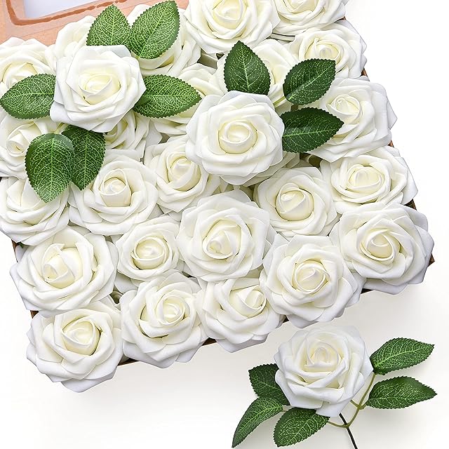 Mocoosy 50Pcs White Rose Artificial Flowers, Ivory Roses for Decorations, Real Touch Fake Rose with Stems Bulk DIY Wedding Bouquet Bridal Shower Centerpiece Faux Floral Arrangement Party Home Decor