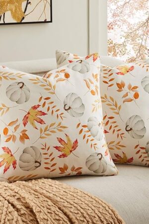 100% Cotton Fall Pillow Covers Set of 2, 18x18 Inch Pumpkin & Maple Leaf Print Farmhouse Thanksgiving Throw Pillow Covers Cushion Case Fall Home Decor for Sofa Bed Living Room