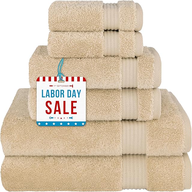 Cotton Paradise 6 Piece Towel Set, 100% Cotton Soft Absorbent Turkish Towels for Bathroom, 2 Bath Towels 2 Hand Towels 2 Washcloths, Beige Towel Set