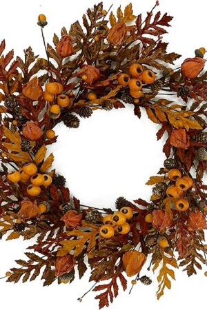 20 inch Fall Wreath Autumn Oak Leaves Wreath with Cape Gooseberry,Oak Leaf,Acorn,Berry,Pine Cone for Front Door Farmhouse Indoor Outdoor Festival Home Decor