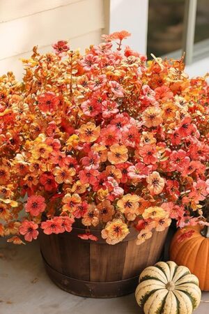 Artificial Fall Flowers Fake Mums for Outdoor Autumn Decoration, 12 Bundles Faux Silk Orange Yellow Mums Daisy Look Real UV Resistant for Outside Home Porch Patio Planter
