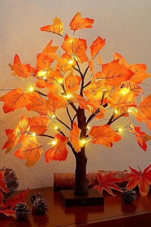 Woohaha 24LED Fall Tree Lighted Maple Tree,Thanksgiving Decoration Maple Leaf Table Tree,Timer Battery Operate Fall Decor Lights for Indoor Outdoor Holiday Autumn Harvest Xmas Party Home Decor