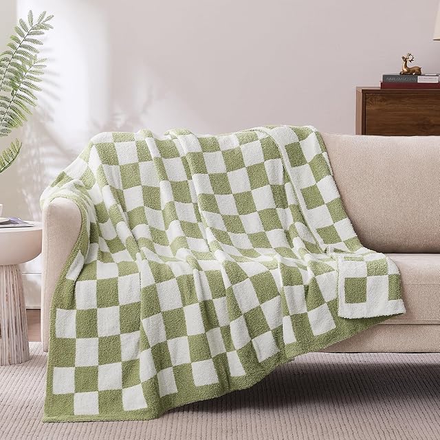 Checkered Throw Blanket Sage Green Knitted Plaid Blanket 50x70 inches