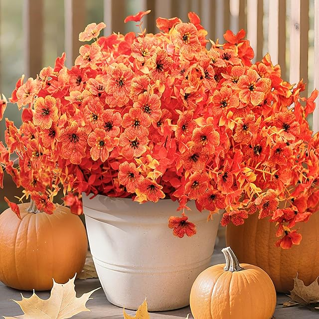 Der Rose 12 Bundles Faux Artificial Mums for Outdoors Fake Fall Flowers Plants Fall Decoration UV Resistant for Outside Home Porch Patio Garden Decor(Orange)