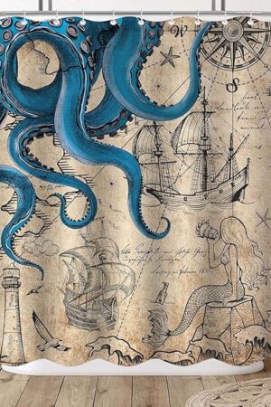 Vintage Nautical Octopus Shower Curtain Navy Blue Mermaid Funny Ocean Kraken Shower Curtains for Bathroom Anchor Coastal Map Waterproof Fabric Bath Curtain Decor with Hooks (Retro, 72? x 72?)