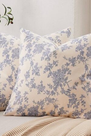 100% Cotton French Pastoral Throw Pillow Covers Set of 2, 18x18 Inch Blue Farmhouse Decorative Cushion Covers for Sofa Bed Living Room Home Decor