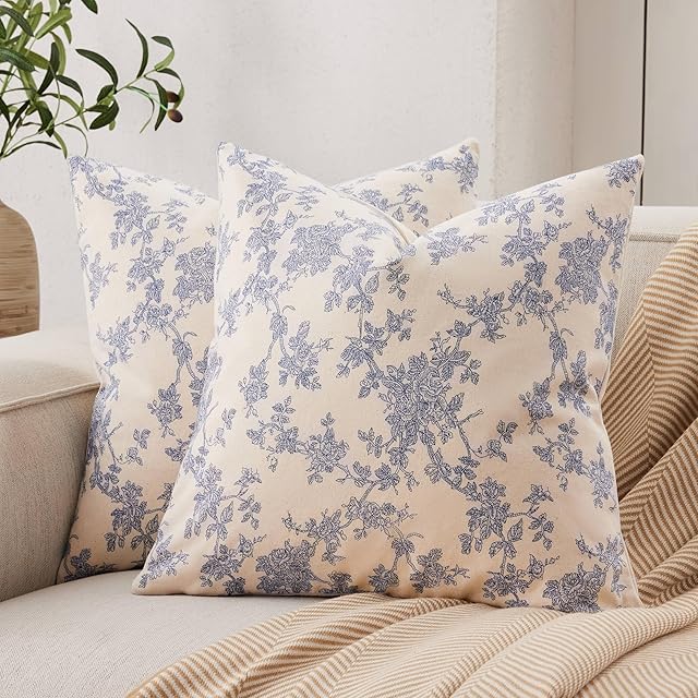 100% Cotton French Pastoral Throw Pillow Covers Set of 2, 18x18 Inch Blue Farmhouse Decorative Cushion Covers for Sofa Bed Living Room Home Decor
