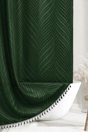 Dark Green Boho Shower Curtain Woven Fabric Cute Shower Curtain, 72 x 72 Tufted Leaves Textured Striped Modern Farmhouse Minimalist Cloth for Bathroom