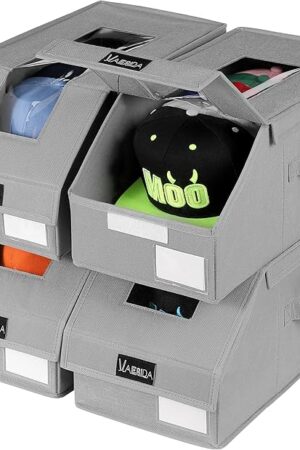 VAESIDA 4 Pack Stackable Hat Organizer for Baseball Caps, Clear Hat Storage Box with Cardboard, Holds up to 56 Caps, Baseball Cap Organizer for Closet/Shelf, Hats Box Holder, Foldable