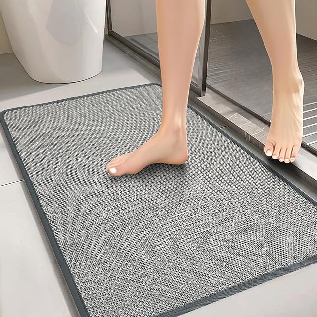 Bathroom Rugs, Bath Mats for Bathroom Non Slip Washable, Quick Dry, Water Absorbing, Fits Under Door, Ultra Thin, Rubber Backing, Low Pile, Cozy Cloth Cotton, Ideal for Shower, Sink-Grey 24''x16''