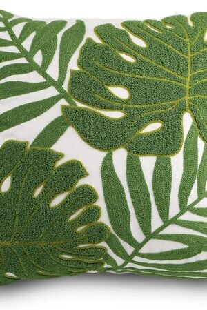 Embroidery Throw Pillow Covers 18x18 Home Decor Loop Tropical Green Leave Floor Pillow Cover for Couch 100% Cotton Canvas Cushion Cover Pillow Case Plant Monstera Leaf 45x45, 1 Piece