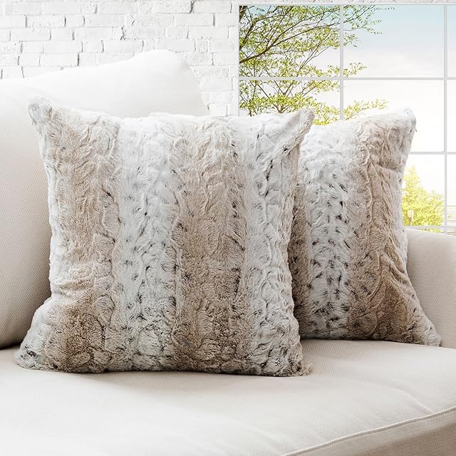 Cheer Collection Faux Fur Throw Pillows with Inserts – Set of 2 Decorative Square Couch Pillows, 18? x 18? Snow Leopard Embossed Ombre Design for Sofa, Bed & Living Room Decor
