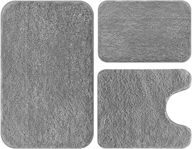 Bathroom Rugs Set 3 Piece Soft Absorbent Bath Rugs, Microfiber Bath Mats and U-Shaped Contour Toilet Rug with Non-Slip Rubber Backing Bath Rug Sets Thick Floor Mat,Bathroom Sets for Bathrooms,Grey
