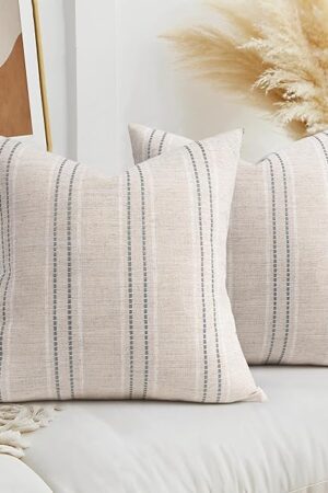 AELS 18x18 Decorative Farmhouse Linen Throw Pillow Covers, Boho Textured Pillow Case, Set of 2, Beige with White & Gray Stitch Yarn Dyed Stripe Cushion Cover for Sofa Couch Living Room (Cover ONLY)