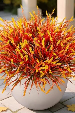 Artificial Fake Plants Flowers for Outdoors Fall Decor, 12 Bundles Fall Leaves Faux Lavender Flowers for Autumn Decoration, Fake Shrubs UV Resistant Planter No Fade for Garden Porch Balcony(Brown)