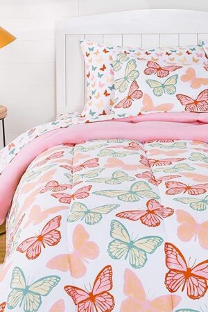 Amazon Basics Kid's Soft, Easy Care Microfiber Bed-in-a-Bag 5-Piece Bedding Set, Twin, Butterfly Friends