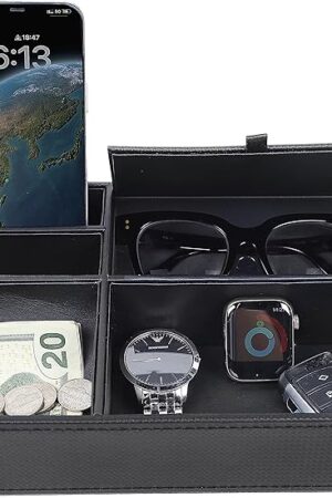 Zcaukya Men's Valet Tray, Jewelry Box Nightstand Organizer with 5 Compartments for Phone Keys Wallet Watch Glasses, Faux Leather Dresser Entryway Catchall Holder for Father's Day Gift (Black)