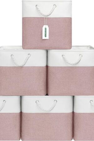 13x13 Inch Cube Storage Bins with Reinforced Bottom Cardboard, 6 Pack Large Collapsible Fabric Storage Cubes with Handles for Shelf, Closet, Toy, Laundry Organization (White&Pink)