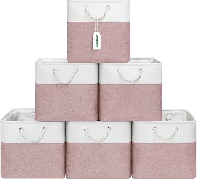 13x13 Inch Cube Storage Bins with Reinforced Bottom Cardboard, 6 Pack Large Collapsible Fabric Storage Cubes with Handles for Shelf, Closet, Toy, Laundry Organization (White&Pink)