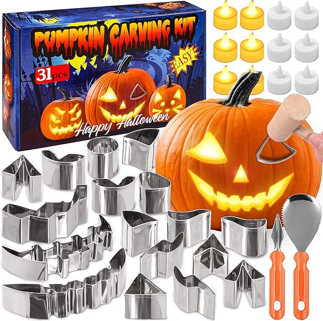 31PCS Pumpkin Carving Kit for Kids - Pumpkin Carving Tools Included Stainless Stencils with LED Candle Lights Halloween Decorations (Mallet Not Included)