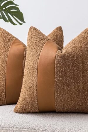 18"x18" Tobacco Boucle Throw Pillow Covers with Faux Leather Accents Set of 2 Fluffy Textured Decorative Pillow Cases for Couch Bed Boho Farmhouse Square Cushion Covers for Nordic Home Décor