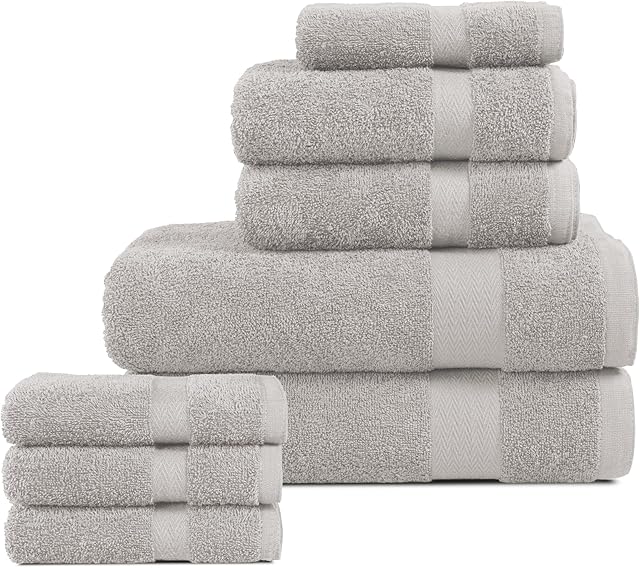 BolBom*S 8 Piece Towel Set Ultra Soft 100% Pure Cotton, 2 Large Bath Towels 28x56,2Hand Towels for Bathroom16x26, 4 Wash Cloths12x12, Bath Towels Ideal for Everyday Use,Hotel & Spa-Cool Grey