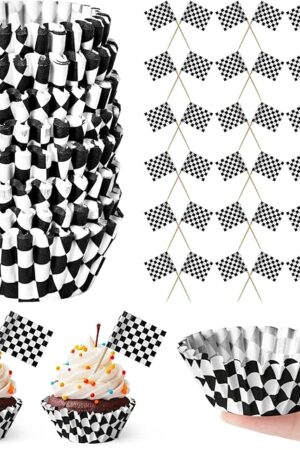 COcnny Checkered Mini Cupcake Liner - 200pcs Race Car Muffin Cake Baking Cups with 200pcs Flag Cupcake Toppers, Black and White Racing Cars Candy Wrap Making Supplies for Birthday Party Decorations