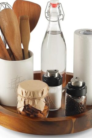 10" Acacia Wood Lazy Susan Organizer for Cabinet - Round Lazy Susans Turntable for Countertop - Wooden Kitchen Rotating Storage Food Bin Container for Centerpiece Table, Spices, Pantry