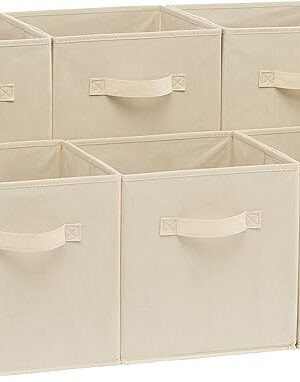 Amazon Basics Collapsible Fabric Storage Cubes Organizer with Handles, Sturdy, Beige, 10.5-x-10.5-x-11-inch, Pack of 6