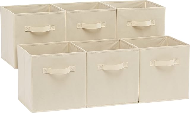 Amazon Basics Collapsible Fabric Storage Cubes Organizer with Handles, Sturdy, Beige, 10.5-x-10.5-x-11-inch, Pack of 6