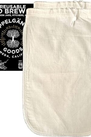 (2-Pack, Medium 8in x 12in) Organic Cotton Cold Brew Coffee Bag - Designed in California - Reusable Coffee Filter with EasyOpen Drawstring Cold Brew Maker for Pitchers, Mason Jars, & Toddy Systems