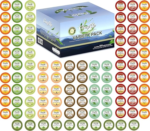 Cozy Up 100-Count Tea Variety Pack, Compatible with Keurig Brewers | Includes Green, Black, Jasmine, Earl Grey, English Breakfast | Oolong, Peppermint, Matcha Green & 2 Seasonal Select Tea