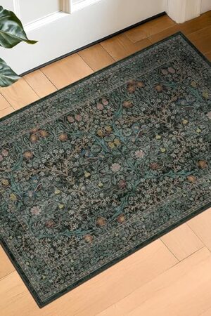 Dark Green Washable Entry Rug - Front Door Throw Rugs Indoor, Non-Slip Bathroom Small Rugs, Vintage Floral Thin Rug for Kitchen, Boho Entryway Décor (2x3 Dark Green)