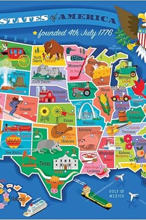 The RoseArt Map of USA Puzzle for Kids – 100 Large Pieces, 24" x 18" – Educational United States Puzzle with Fun State Illustrations – Made in USA – Learning Toy for Ages 6+
