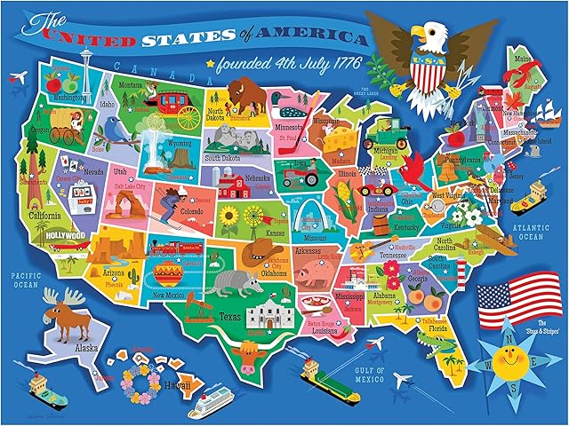 The RoseArt Map of USA Puzzle for Kids – 100 Large Pieces, 24" x 18" – Educational United States Puzzle with Fun State Illustrations – Made in USA – Learning Toy for Ages 6+