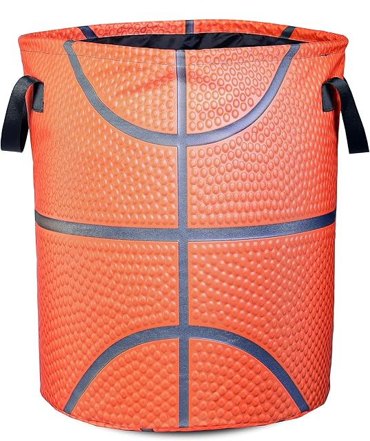 Basketball Texture Laundry Basket Ball Foldable Waterproof Oxford Cloth Funny Tote Bag Laundry Hamper Clothes Storage Bucket Toy Organizer For Bathroom/Laundry Storage/Bedroom 17.7x13.7 Inch