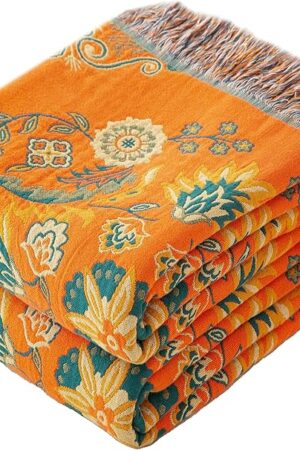 Boho Throw Blanket Twin Size, Soft Cozy Cotton Muslin Quilt Blanket for Bed Decor, Floral Patterned Couch Sofa Chair Cover, Vintage Farmhouse Cottage Tapestry Woven Blanket, Orange&Green