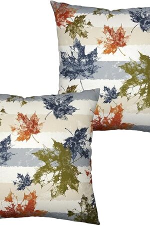 Colorful Maple Leaves Pillow Covers 18x18 Set of 2 Fall Pillow Covers Blue Beige White Stripes Decorative Pillow Cover Autumn Throw Pillow Covers for Patio Outdoor Indoor Couch