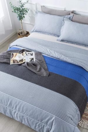 Andency Full Size Blue Comforter Set (79x90 Inch), 3 Pieces Gray and Blue Patchwork Striped Comforter, Soft Microfiber Down Alternative Comforter Bedding Set Bed in a Bag with Corner Loops