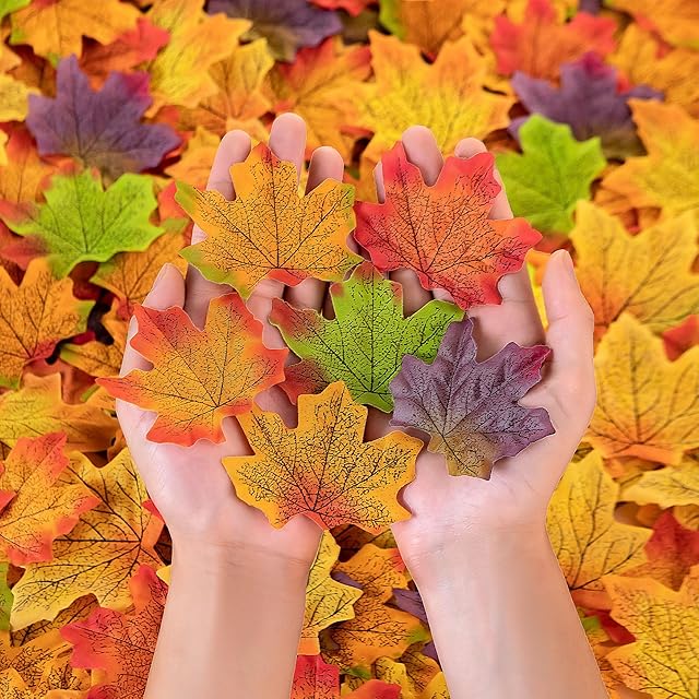 500PCS Fall Leaves Maple Bulk 8 Color Autumn Leaves with 100 Glue Dots Thanksgiving Decor Wedding Centerpieces Party Decorations & DIY Crafts