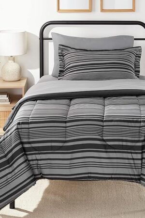 Amazon Basics 5-Piece Lightweight Microfiber Comforter Set with Sheets ,Bed-in-a-Bag Sheets, Gray Calvin Striped Bedding, Twin/Twin XL