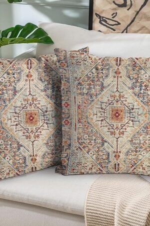 Boho Throw Pillow Covers 18x18 inch Set of 2,Bohemian Vintage Carpet Pattern Antique Ethnic Decor Double Sided Pattern Cushion Cover Soft Pillow Case Living Sofa Room Bed Square Pillow Cover