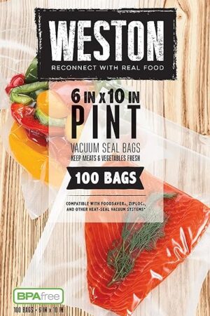 Weston Vacuum Sealer Bags for Food, 2 Ply 3mm Thick, for NutriFresh, FoodSaver & Other Heat-Seal Systems, for Meal Prep and Sous Vide, BPA Free, 6" x 10" (Pint), 100 count, Clear