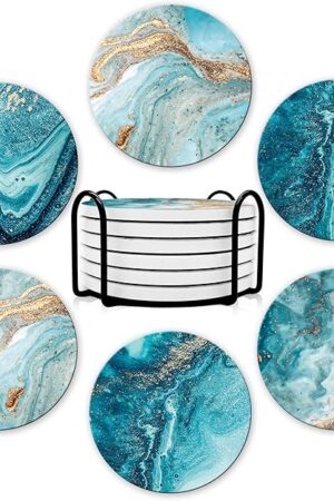Dooke Coasters for Drinks, Round Absorbent Ceramic Stone Coasters Set of 6 with Cork Base,Funny Coaster with Holder for Cold Drinks Wine Mugs and Cups Tabletop Protection, 4 Inches,Teal Marble