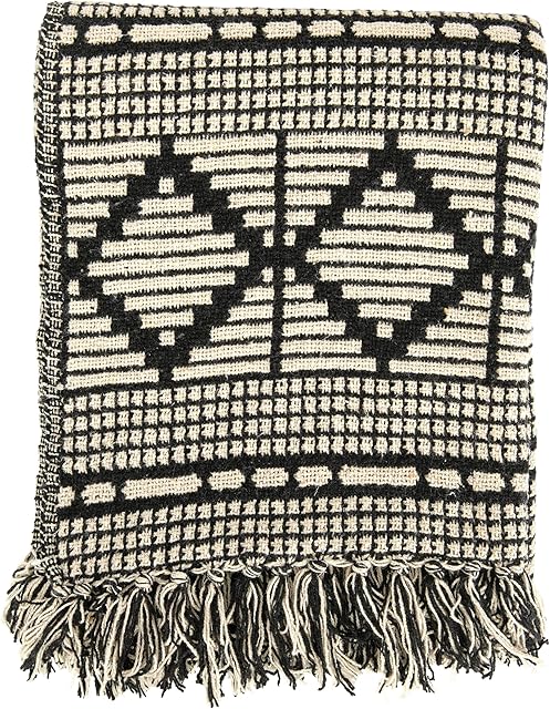 Bloomingville Soft Recycled Cotton Blend Throw with Diamond Pattern, Black and Beige