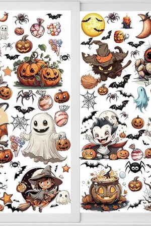 12 Sheets Big Size Window Clings Halloween Window Clings Halloween Bat Spider Vampire Witch Decorations Halloween Window Sticker Window Decals Window Stickers Home School Office Party Supplies