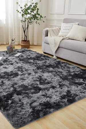 Andency 4x6 Shag Area Rug for Living Room, Tie-Dyed Dark Grey Soft Fuzzy Plush Indoor Carpets for Bedroom, Non Skid Fluffy Faux Fur Rug for Room